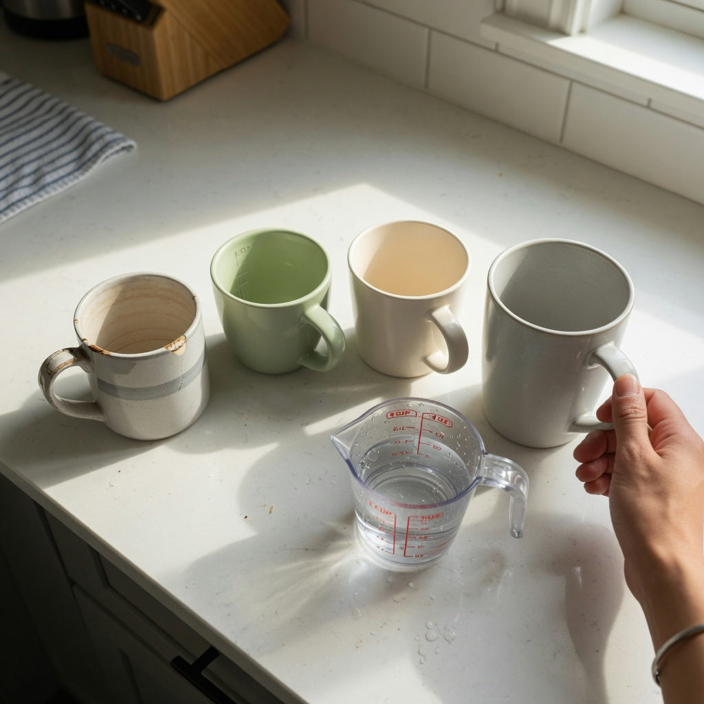 Peppermint tea mug replacement purchase practical purchase checklist comparing 400 ml, 440 ml, and 480 ml mugs with a measuring cup