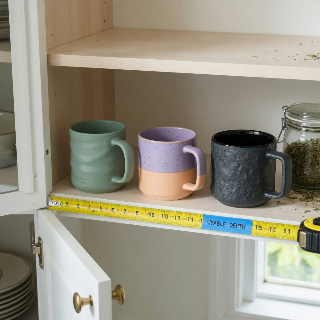 Peppermint tea mug storage fit guide comparing The Flow, Morning and Night, and The Rock on a kitchen cabinet shelf