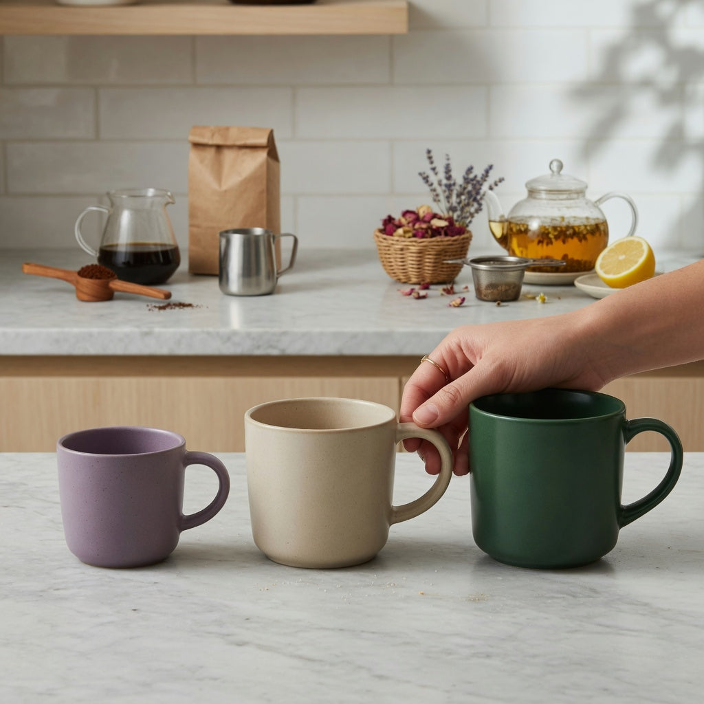 Peppermint tea mug weekend coffee practical purchase checklist with three handled mug sizes on a kitchen counter