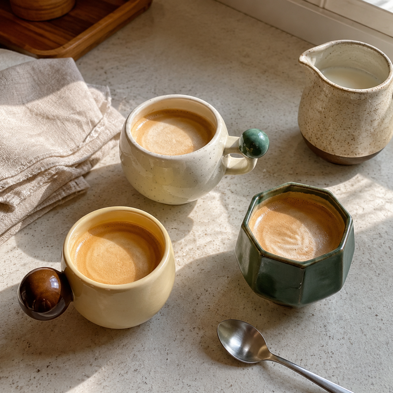 Three compact ceramic piccolo cup options for serving milk coffee on a kitchen counter