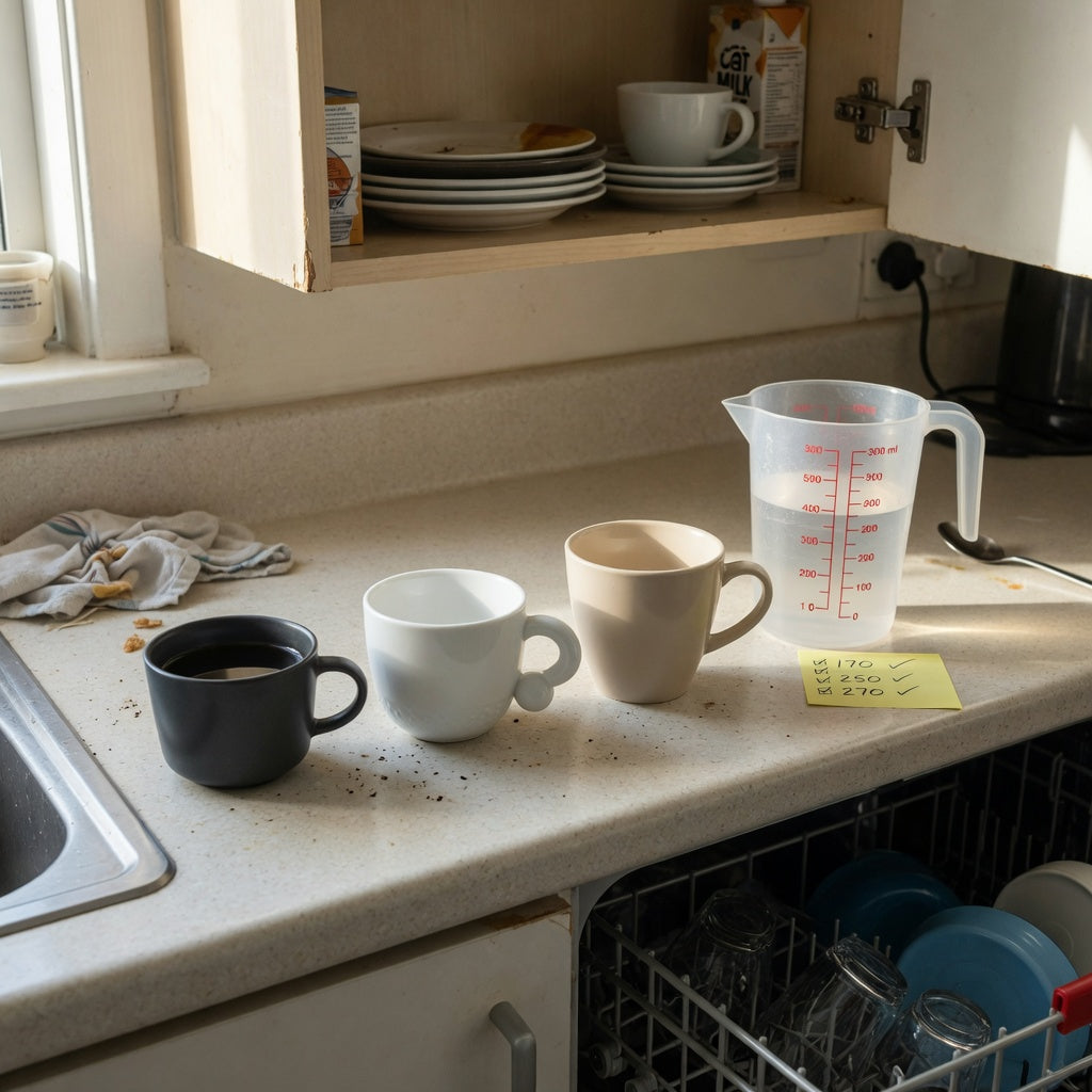 Piccolo cup everyday mug rotation practical purchase checklist with 170 ml, 250 ml ball-handle, and 270 ml cups beside an open cabinet