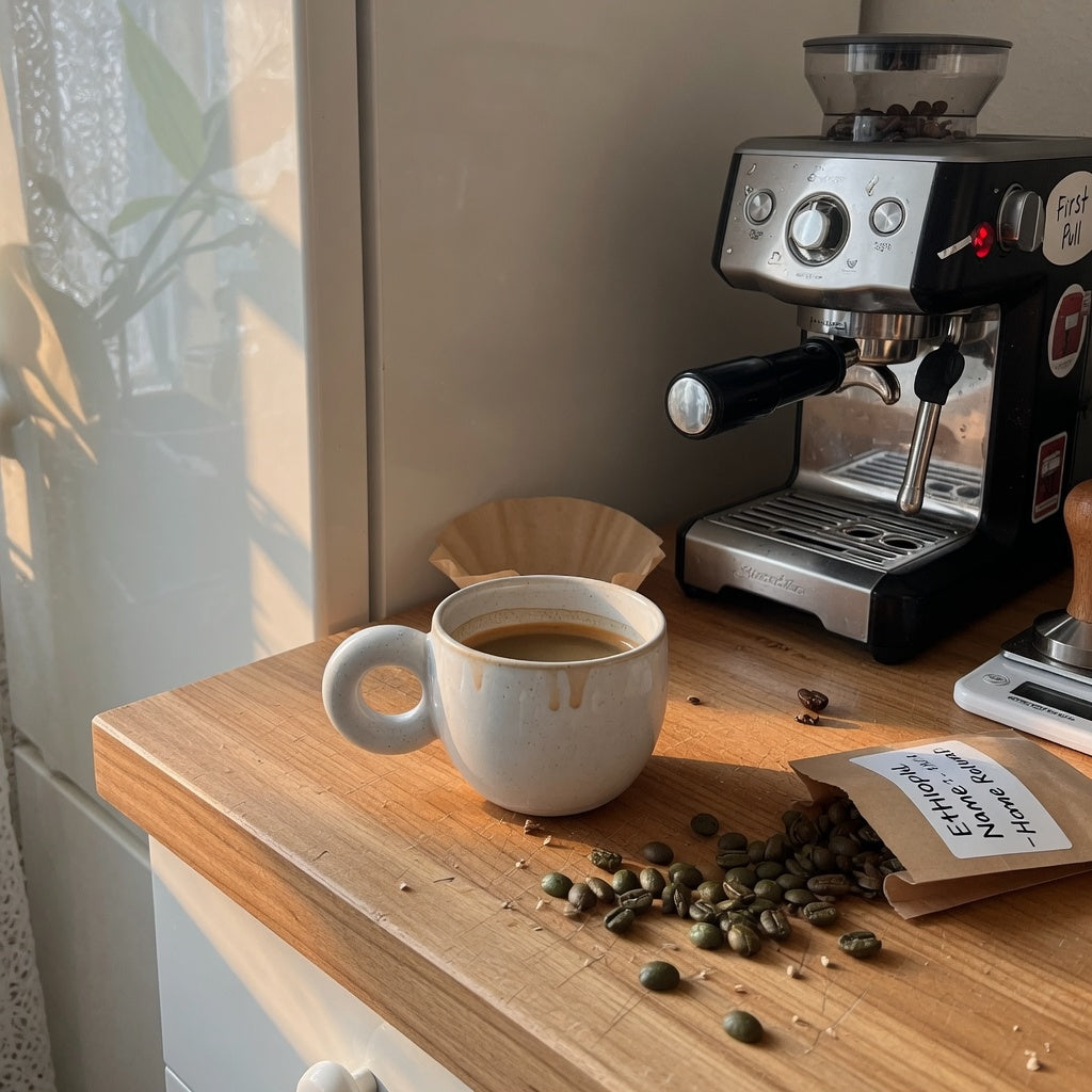 Piccolo cup for beginners on kitchen counter with espresso setup highlighting compact size