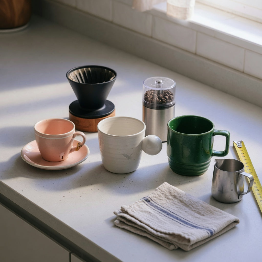 Retro, Ball Handle, and Emerald cups arranged for a piccolo cup home coffee station product shortlist guide
