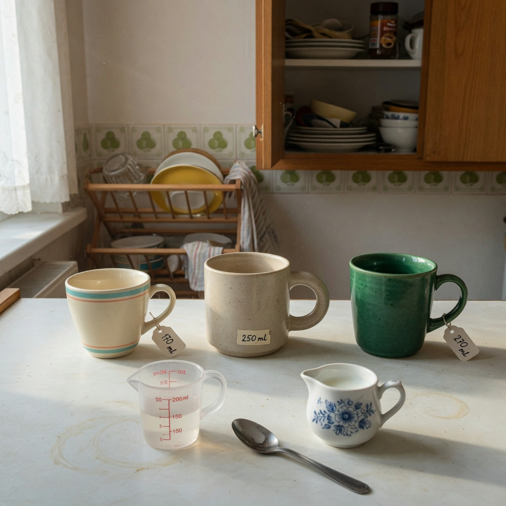 Piccolo cup shared household product shortlist guide with Retro 170 ml, Ball Handle 250 ml and Emerald 270 ml options on a shared kitchen counter