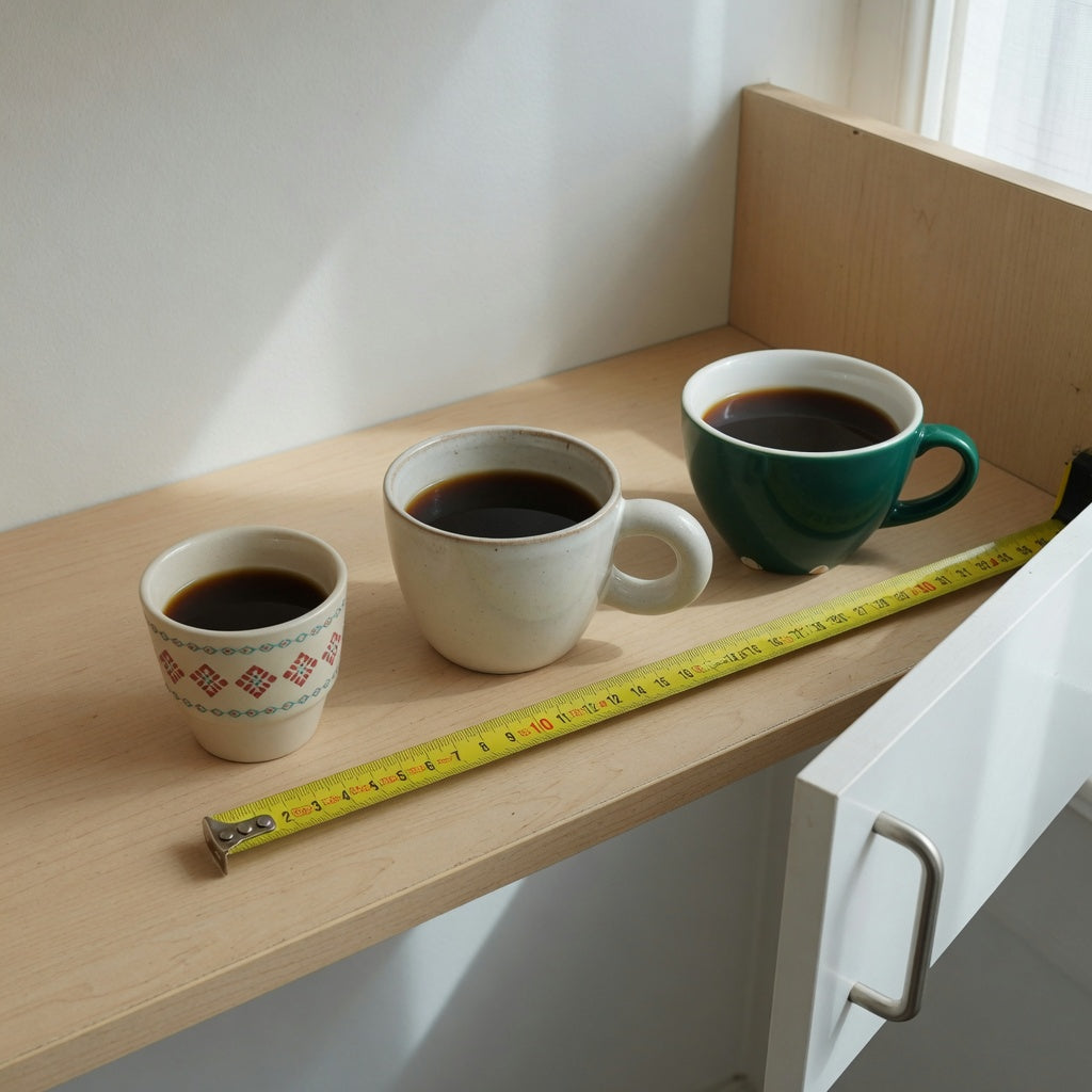 A piccolo cup storage fit guide showing Retro, Ball Handle and Emerald cups measured on a cabinet shelf