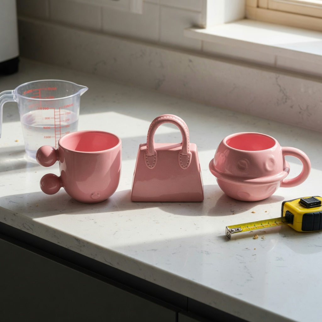 Kitchen counter comparison illustrating pink ceramic coffee mug buying priorities with Ball Handle, Handbag, and Planet shapes