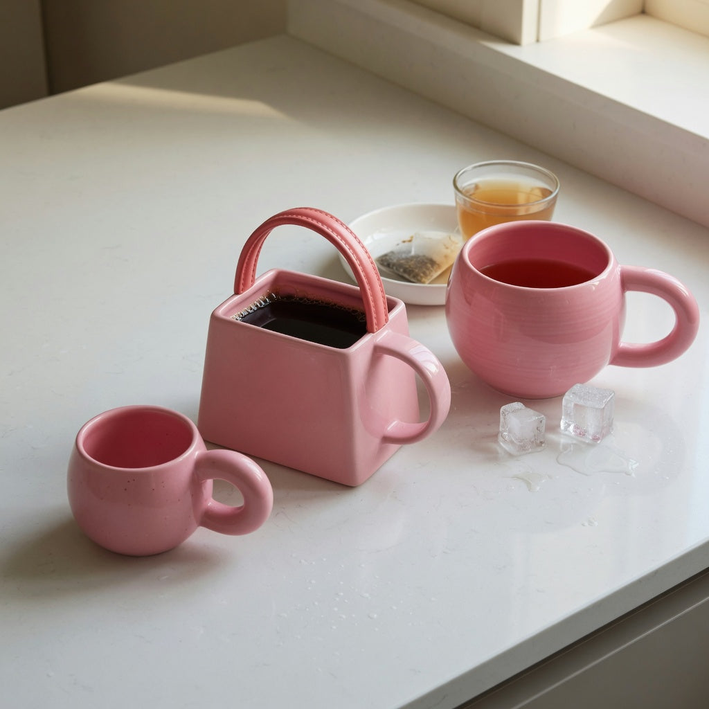 Pink ceramic coffee mug daily use guide image showing the 250 ml Ball Handle, 310 ml Handbag, and 380 ml Planet ceramic mugs