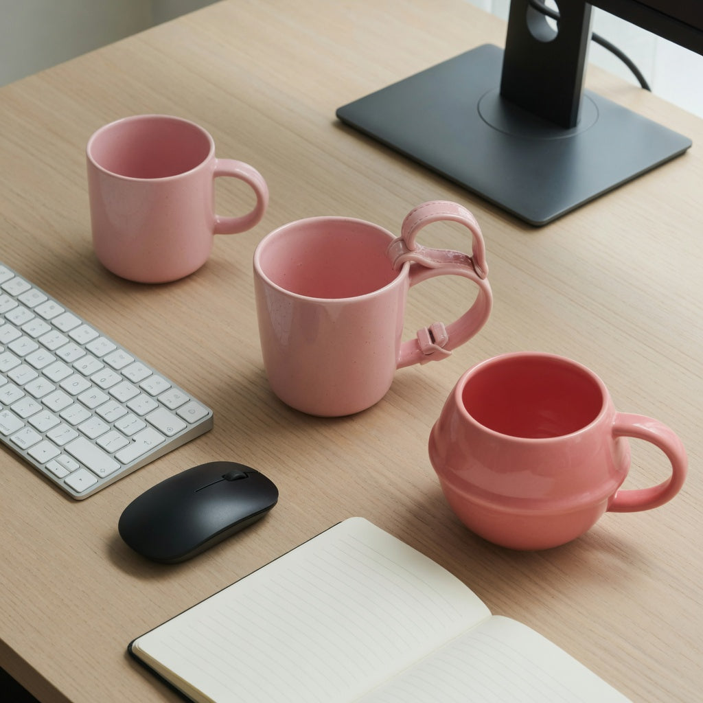 Pink ceramic coffee mug for desk use comparison with Ball Handle, Handbag, and Planet shapes beside a keyboard