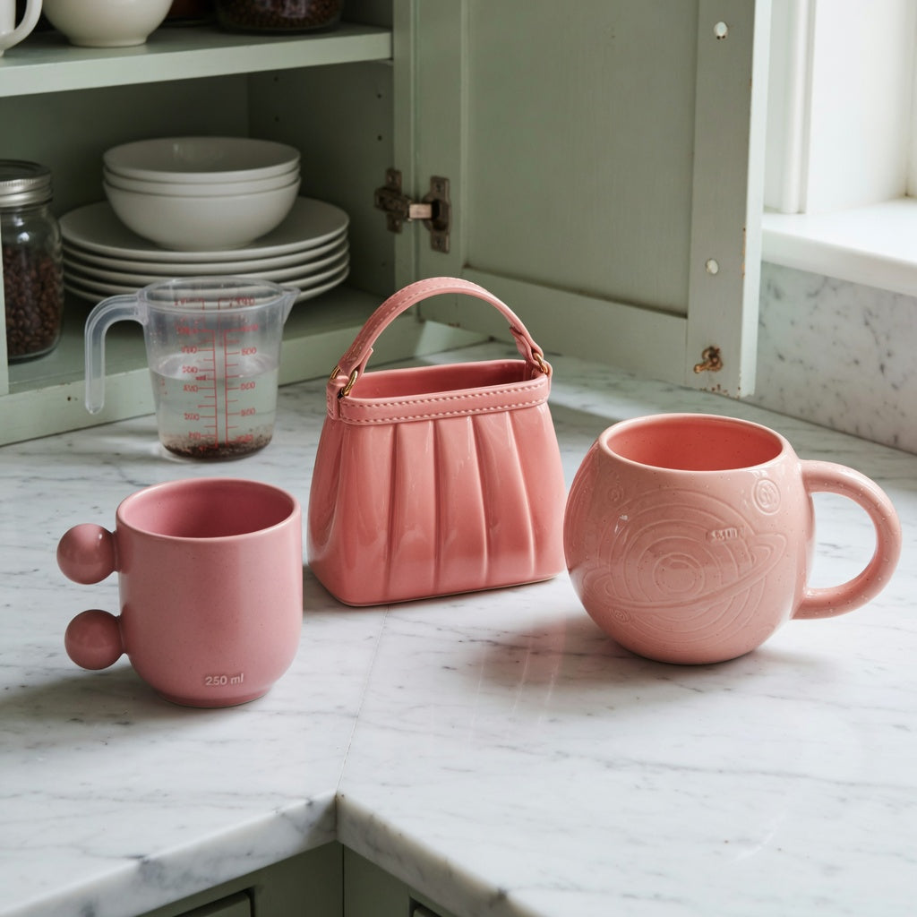Pink ceramic coffee mug everyday mug rotation practical purchase checklist showing 250 ml Ball Handle, 310 ml Handbag, and 380 ml Planet styles