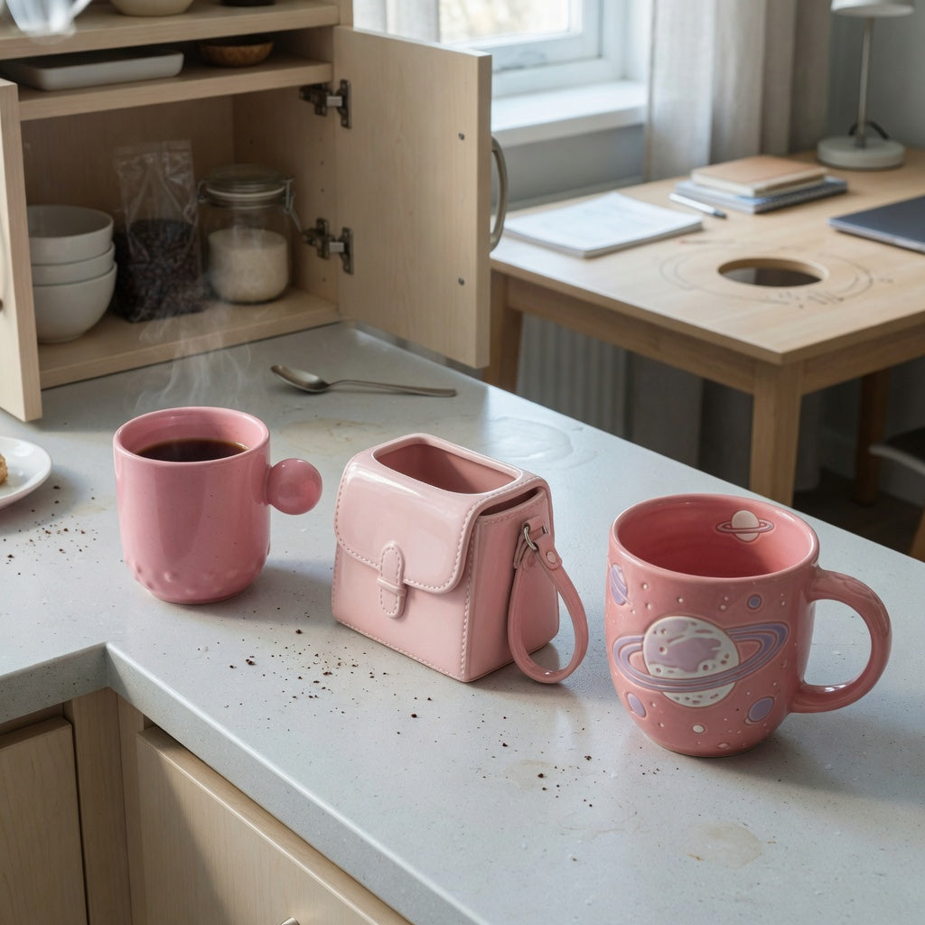 Pink ceramic coffee mug everyday mug rotation product shortlist guide showing Ball Handled, Handbag, and Planet Pink mugs