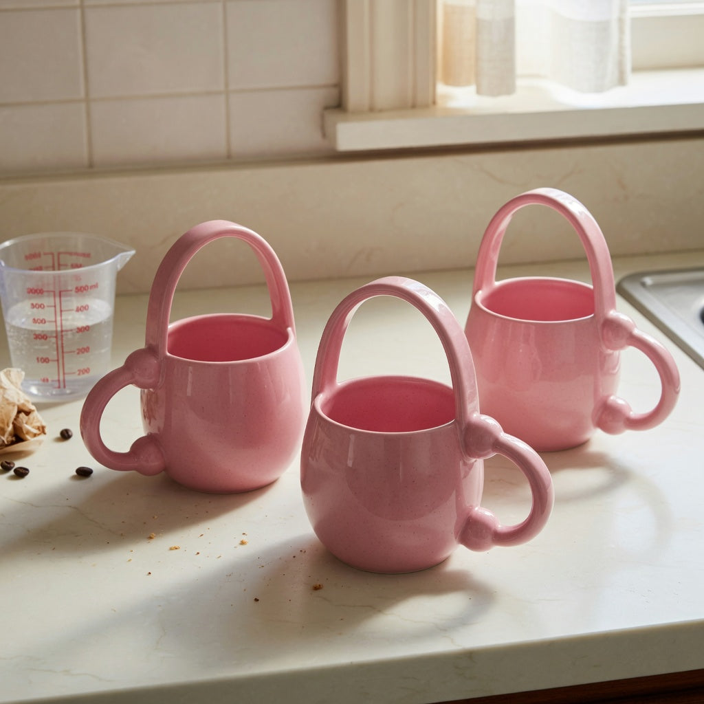 Pink ceramic coffee mug morning routine practical purchase checklist showing Ball Handle, Handbag, and Planet shapes beside a measuring cup on a kitchen counter