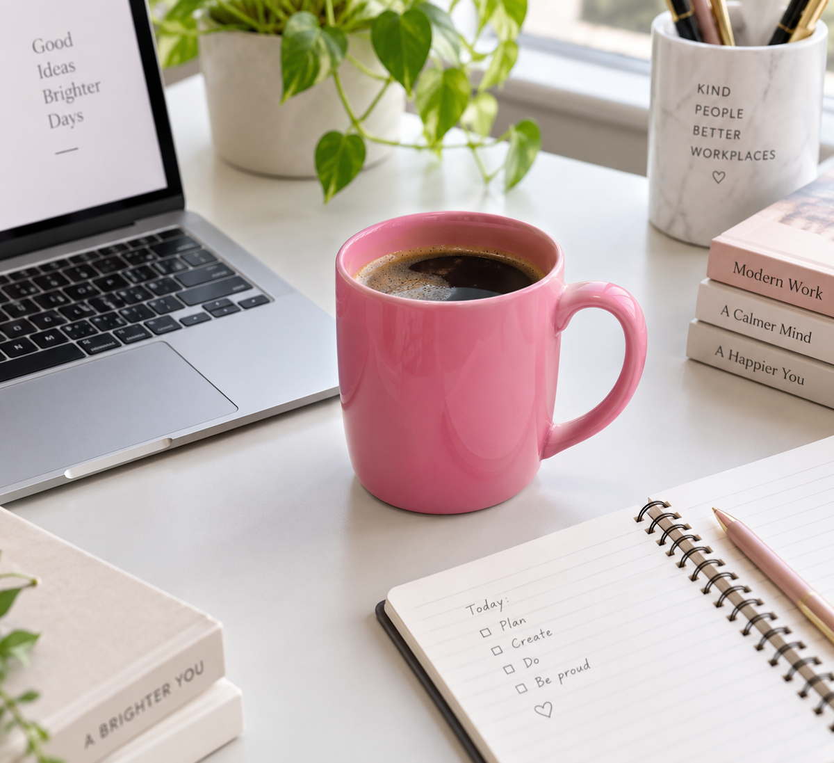 Pink ceramic coffee mug for office on a desk