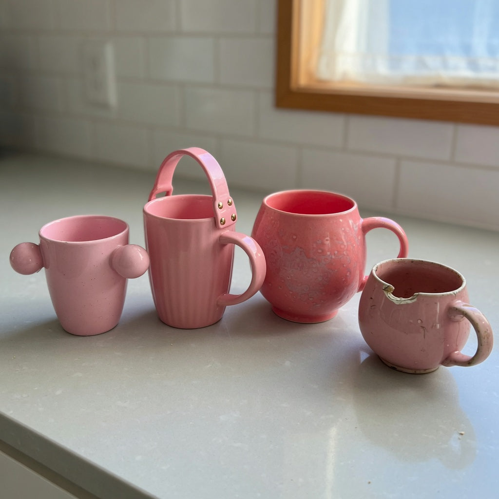 pink ceramic coffee mug replacement purchase practical purchase checklist comparing 250 ml Ball Handle, 310 ml Handbag, and 380 ml Planet styles