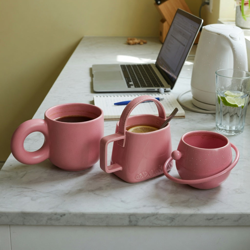 pink ceramic coffee mug shared household practical purchase checklist with three separate pink ceramic mugs on a shared kitchen counter