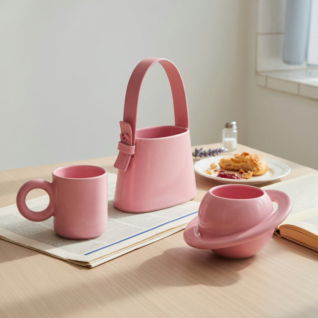pink ceramic coffee mug weekend coffee practical purchase checklist showing Ball Handle, Handbag, and Planet styles on a weekend kitchen table