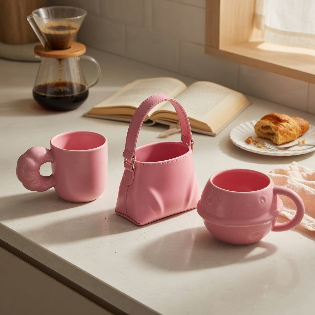 Pink ceramic coffee mug weekend coffee product shortlist guide showing three CoffeifyMug mugs, with Ball Handle, Handbag, and Planet silhouettes on a kitchen counter