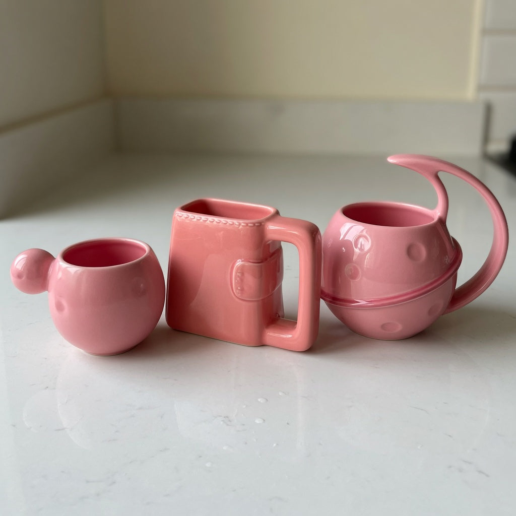 Pink ceramic coffee mug shape and handle guide showing 250 ml ball-handle, 310 ml handbag, and 380 ml planet styles