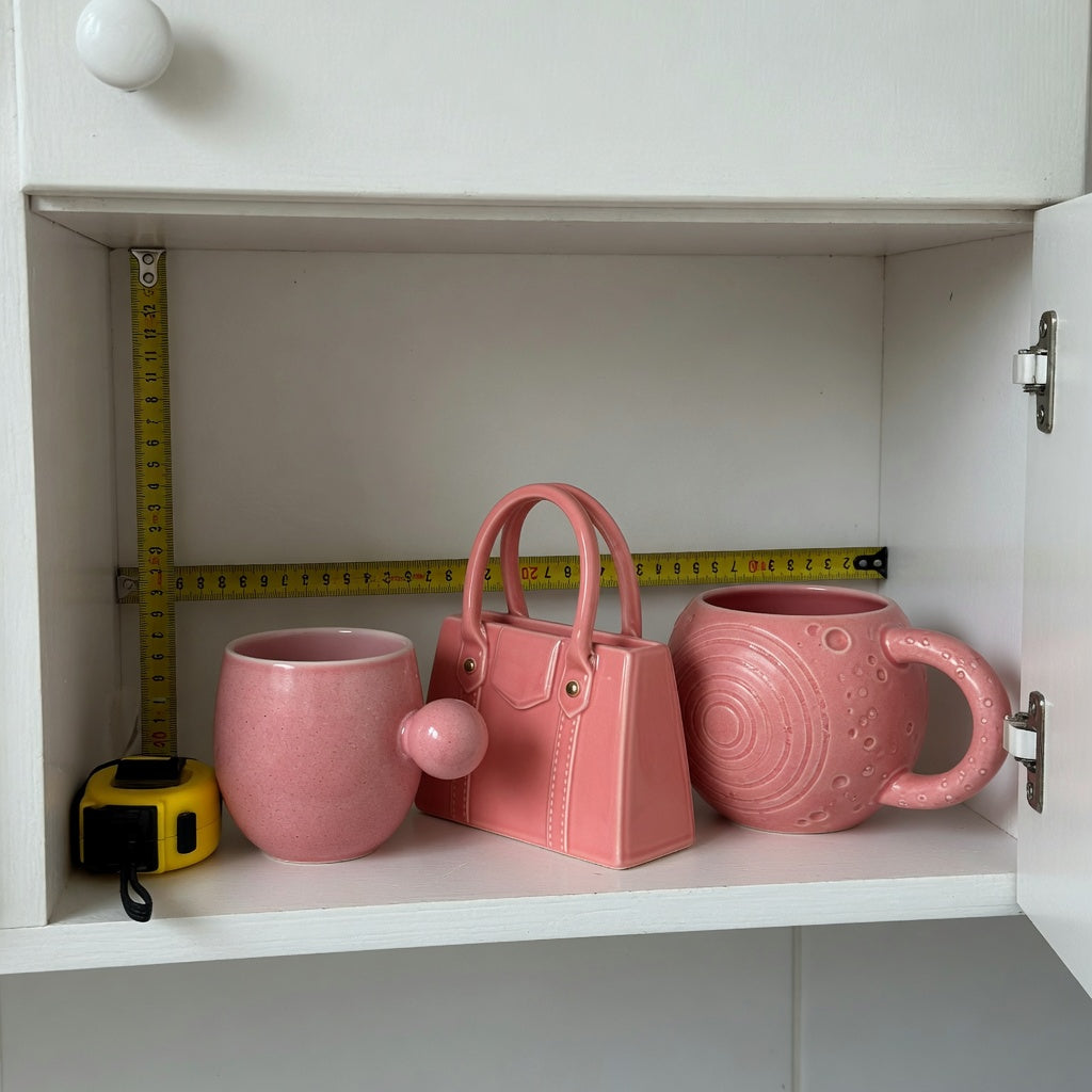 Pink ceramic coffee mug storage fit guide comparing Ball Handle, Handbag, and Planet mugs on a cabinet shelf