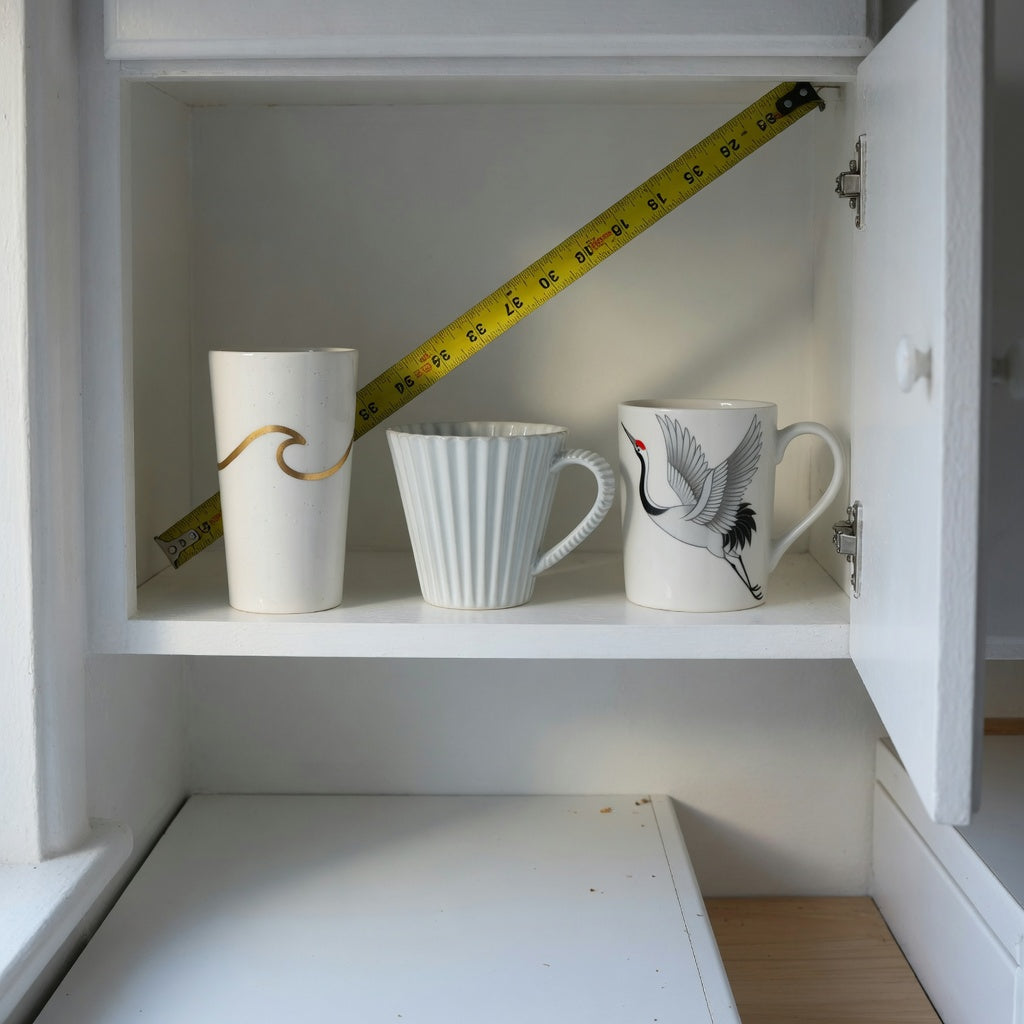 plain white ceramic coffee mugs compact kitchen product shortlist guide with three mugs measured on a shallow cabinet shelf