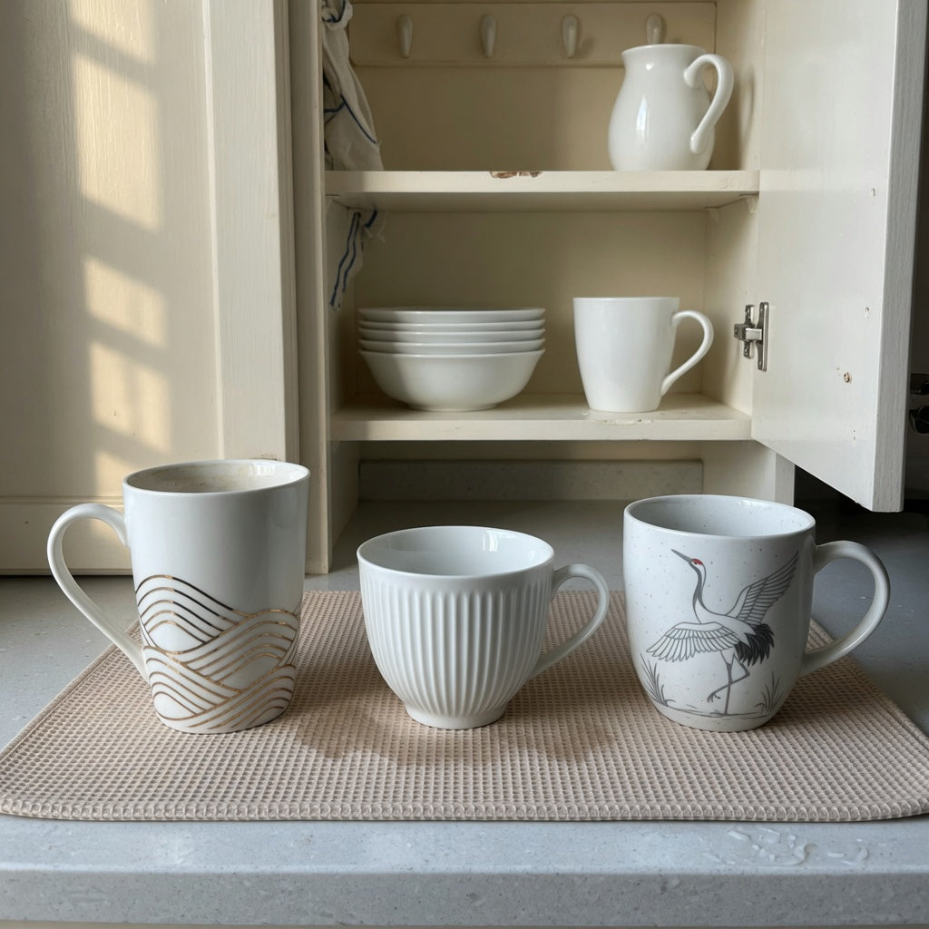 Featured image for the plain white ceramic coffee mugs everyday mug rotation product shortlist guide, showing three white-led mugs beside an open kitchen cabinet