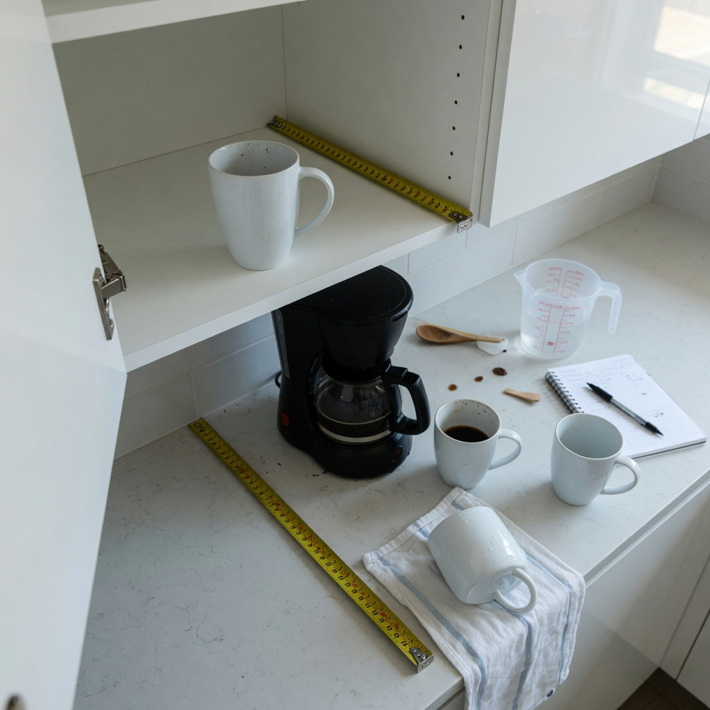 Plain white ceramic coffee mugs everyday mug rotation practical purchase checklist with mugs measured on an open kitchen shelf