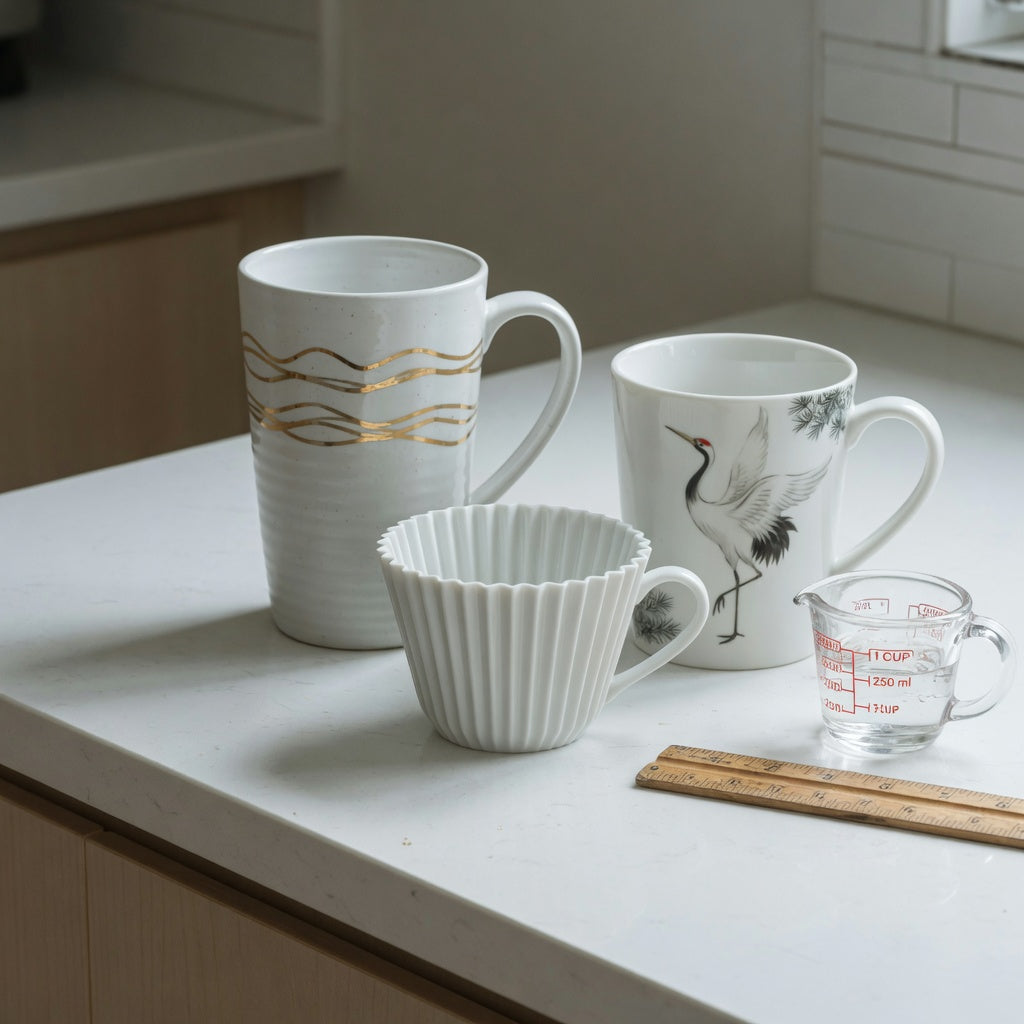 Plain white ceramic coffee mugs first time buyer practical purchase checklist shown with a measuring jug and ruler on a kitchen counter