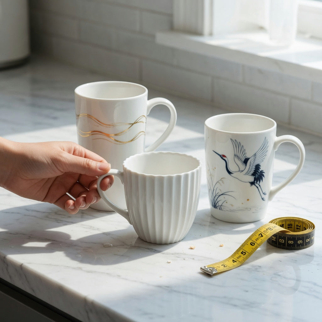 Plain white ceramic coffee mugs first time buyer product shortlist guide with three options compared on a kitchen counter