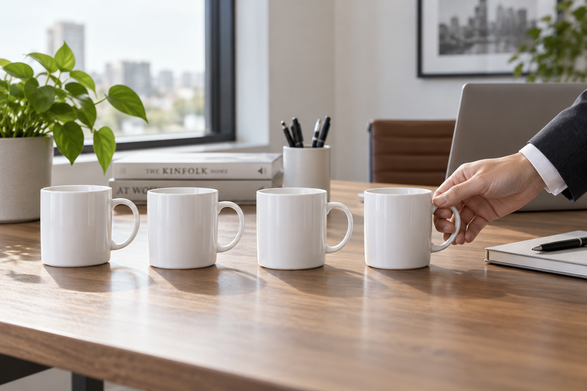 plain white ceramic coffee mugs for office arranged on a desk