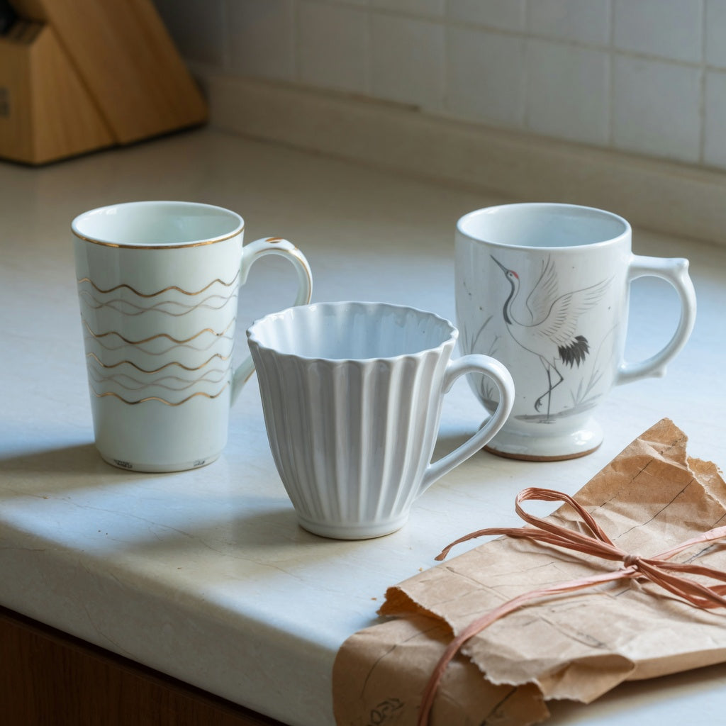 Plain white ceramic coffee mugs gift choice practical purchase checklist with tall golden-wave, pleated, and crane styles