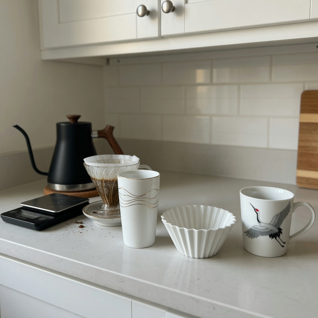 Home counter scene for the plain white ceramic coffee mugs home coffee station product shortlist guide, showing tall golden-wave, pleated, and crane-themed designs