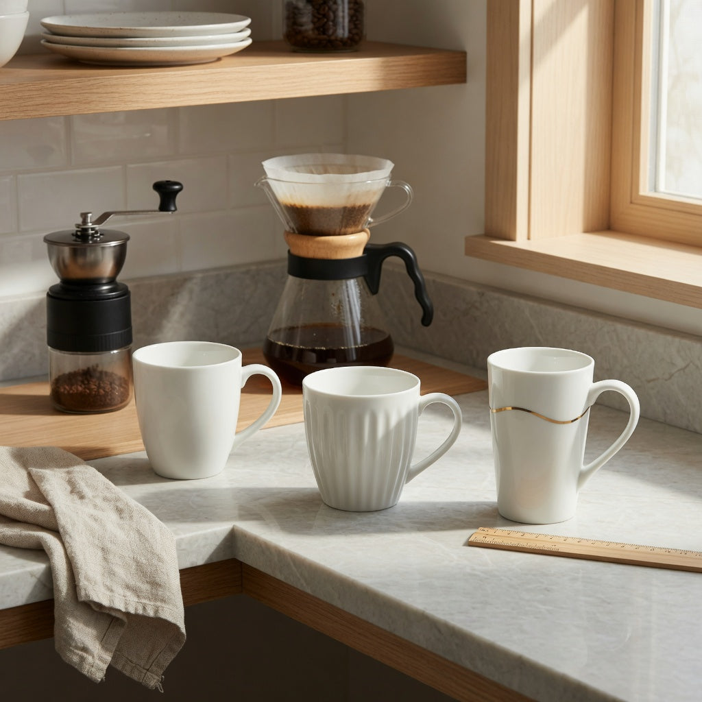 Plain white ceramic coffee mugs home coffee station practical purchase checklist shown with shelf clearance and base measurements
