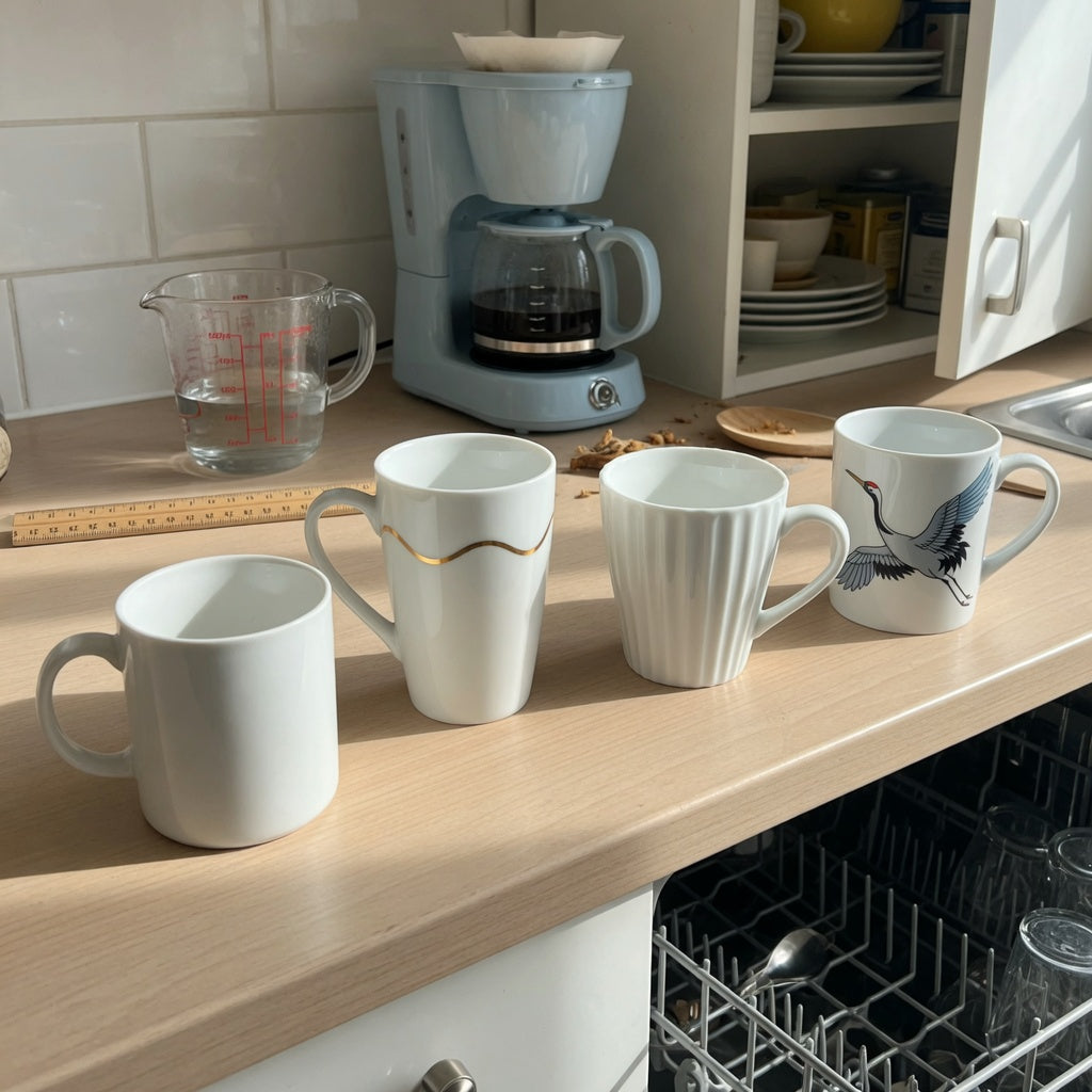 Kitchen setup for the plain white ceramic coffee mugs shared household practical purchase checklist, with different mug profiles and a measuring jug