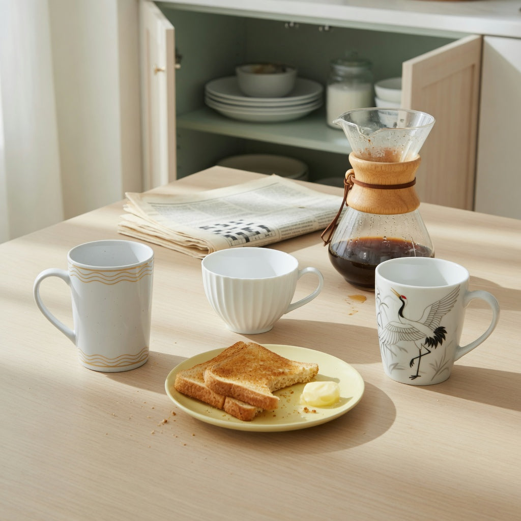 A plain white ceramic coffee mugs weekend coffee product shortlist guide showing tall golden-wave, pleated, and crane-design mugs on a breakfast table