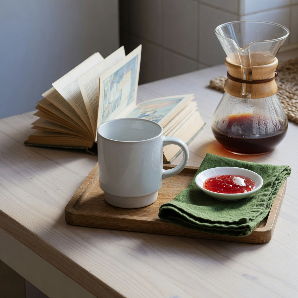 Plain white ceramic coffee mugs weekend coffee practical purchase checklist shown beside a breakfast tray, open book, and coffee carafe