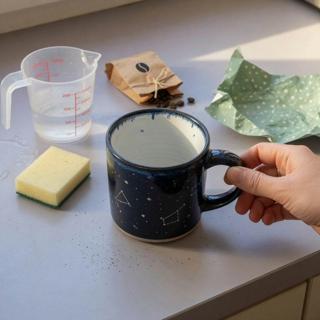 Planet ceramic coffee mug gift checklist with a space-themed mug, measuring jug, care items, coffee, and gift wrap on a kitchen counter