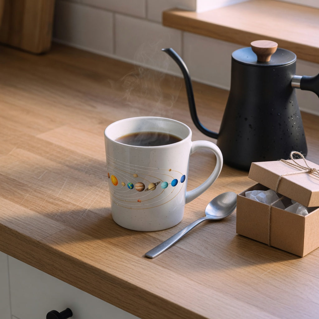 Planet ceramic coffee mug gift ideas: a solar-system ceramic mug on a kitchen counter beside a kraft gift box