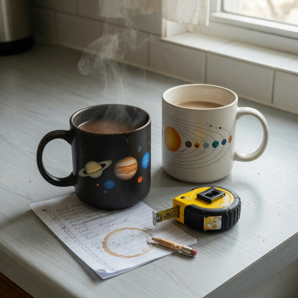 Planet coffee mug buying checklist beside a heat-reveal solar system mug and a printed ceramic mug on a kitchen counter