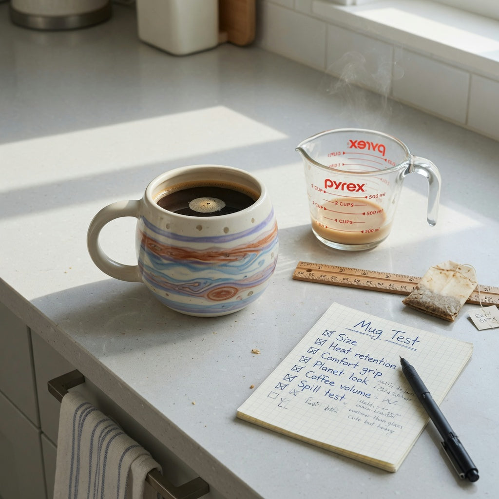 Planet coffee tea mug buying checklist beside a rounded 380 ml mug, ruler, measuring cup, and care notes