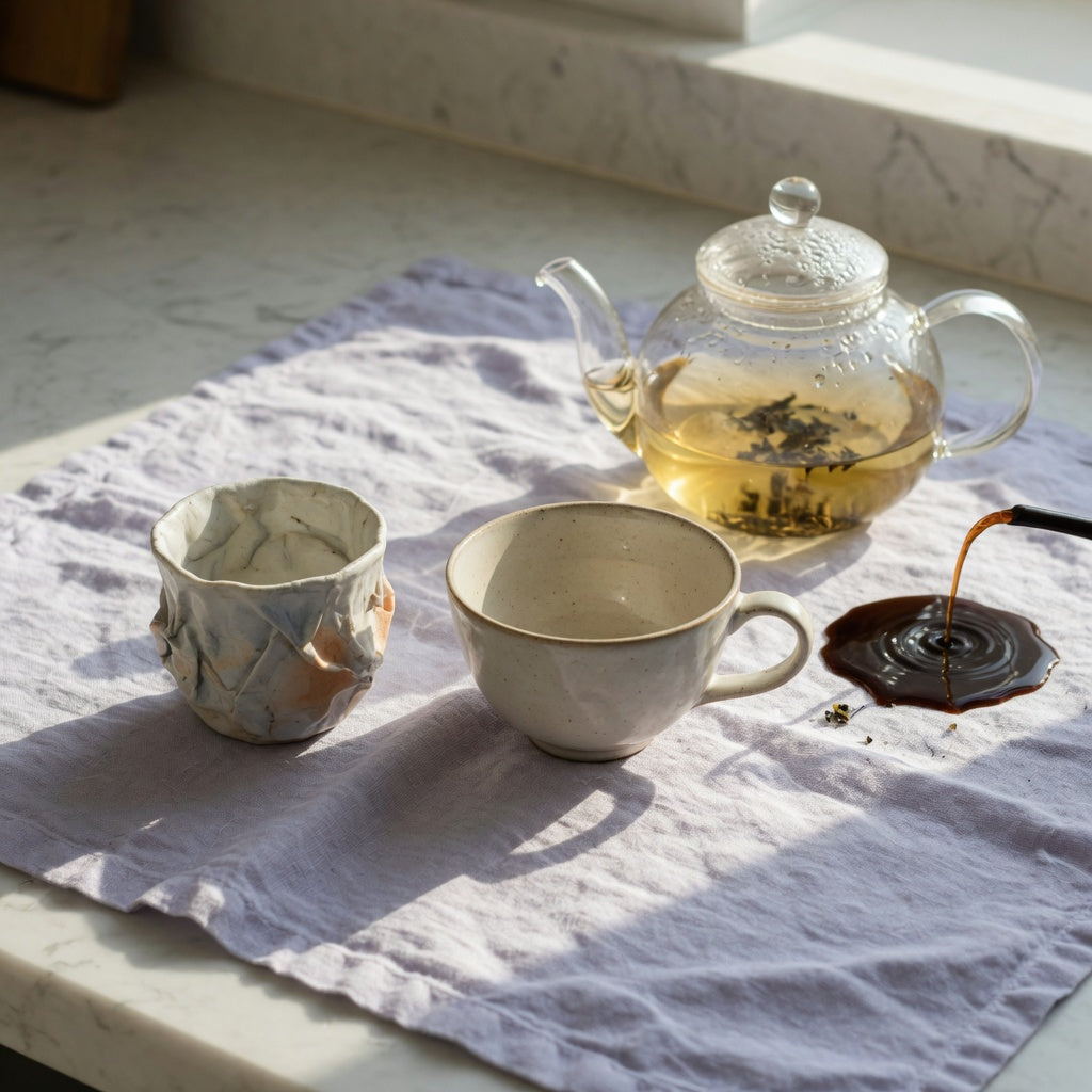 Pleated ceramic coffee cup vs tea cup on a kitchen counter, one ridged and handleless, one wider with a handle