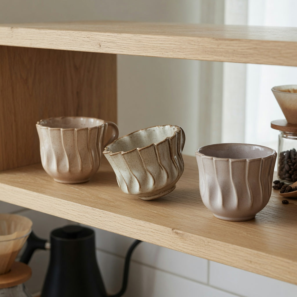Pleated ceramic cup guest shelf with textured cups spaced on an open kitchen shelf