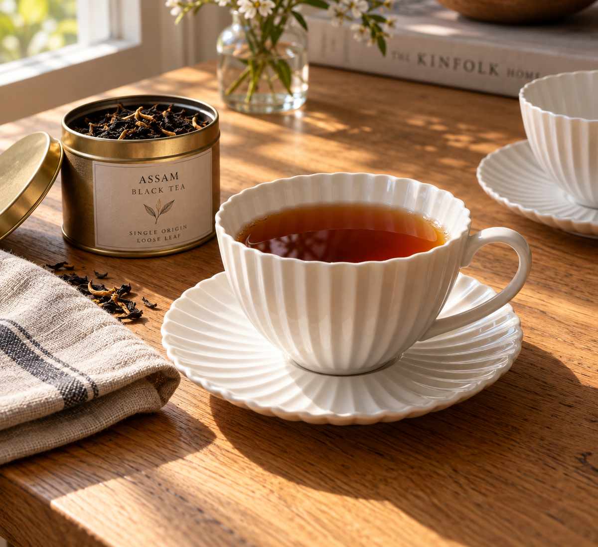 White pleated ceramic tea cup 200 ml filled with amber tea beside a pleated saucer on an oak table