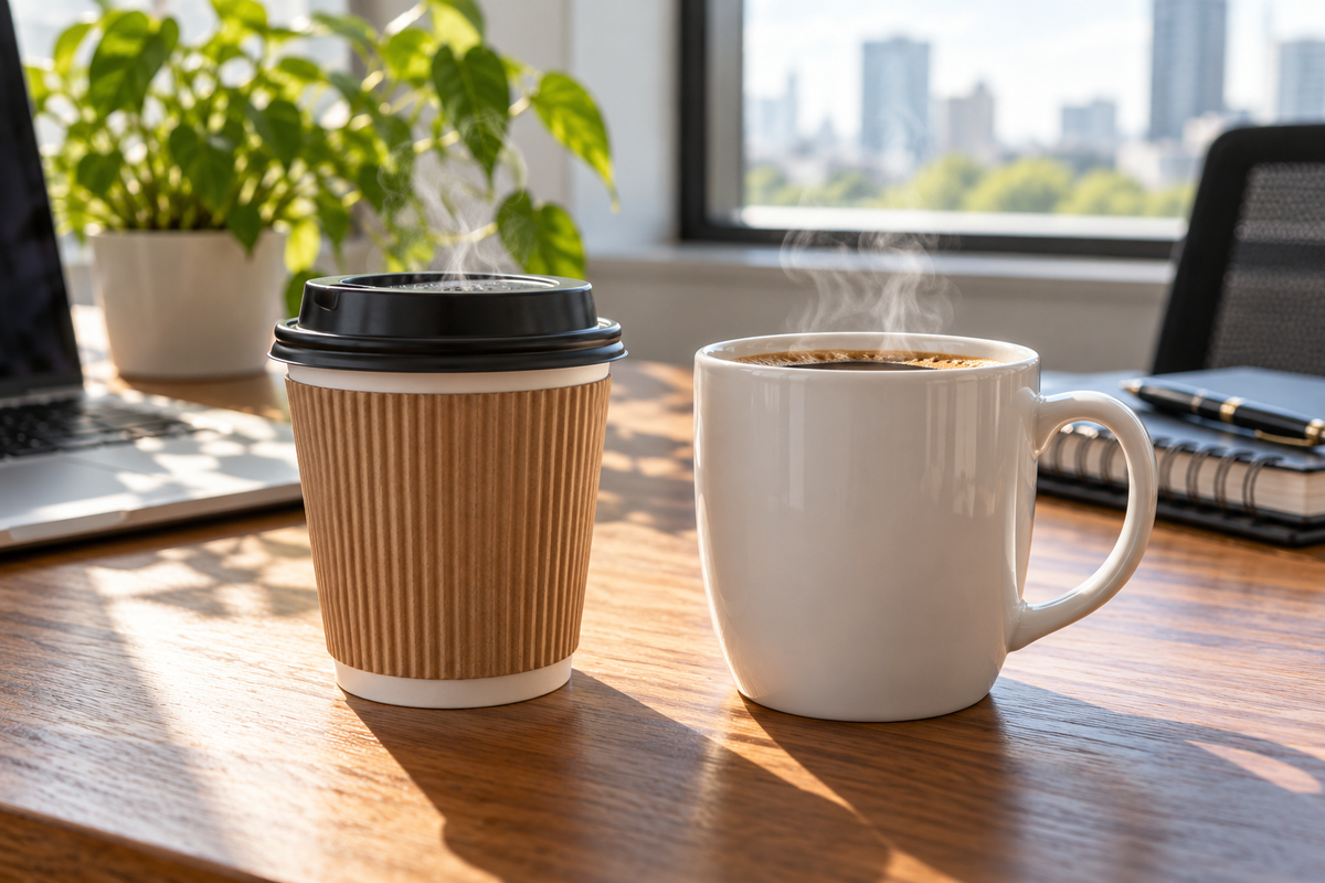 pleated coffee cup vs ceramic cup comparison showing paper and ceramic options
