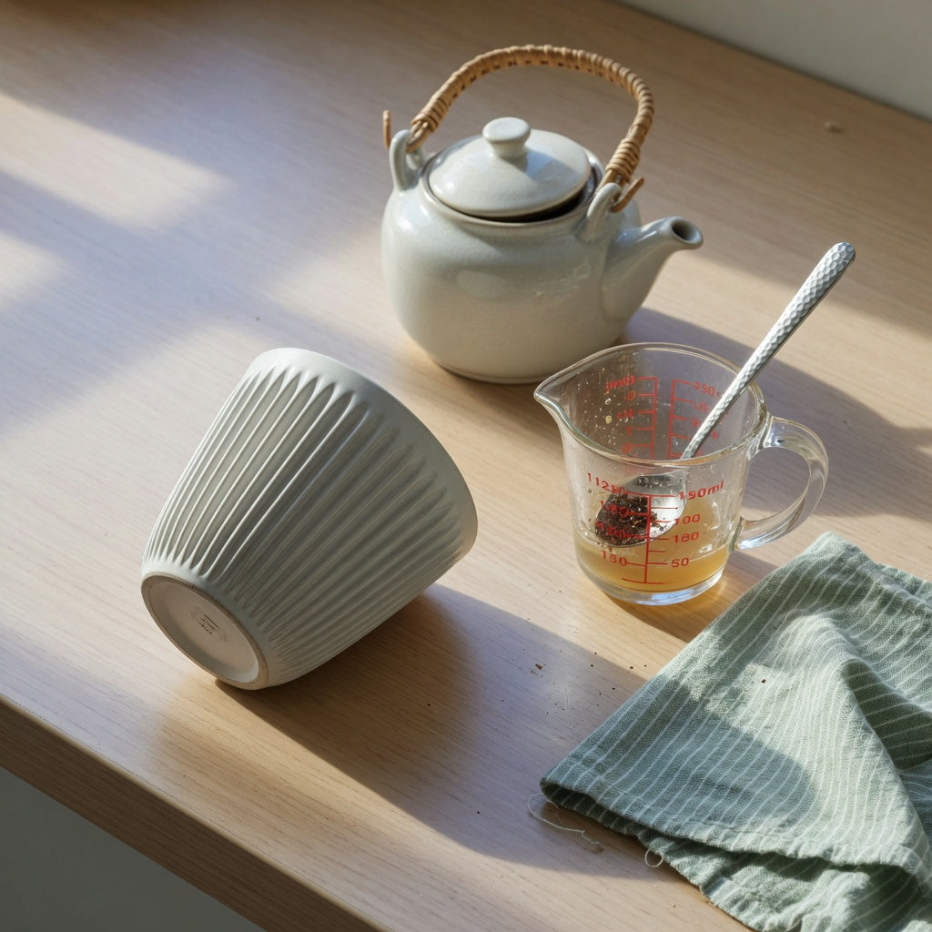 Pleated coffee tea cup buying checklist with a 200 ml ceramic cup and measuring jug on a kitchen counter