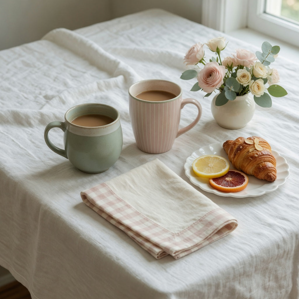 Preppy coffee mug comparison showing round and tall styles on a gingham brunch table