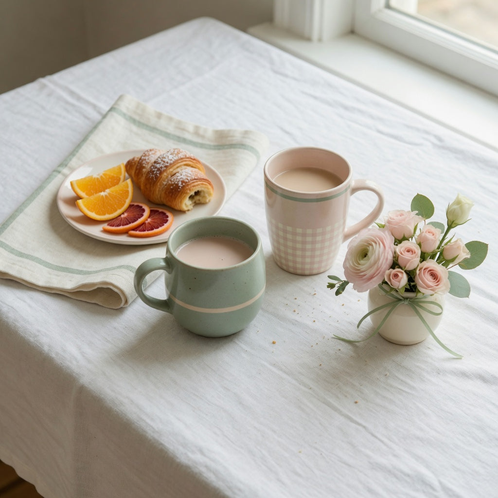 Preppy coffee mug comparison showing round and tall styles on a gingham brunch table