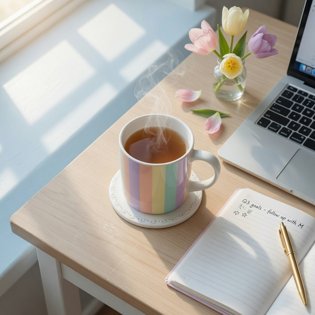 Preppy desk mug with pastel stripes sitting on a coaster beside a laptop and notebook on a tidy desk