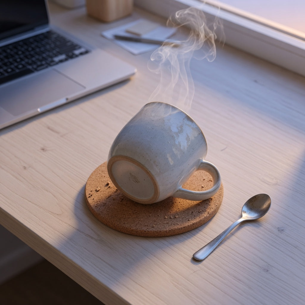 Quiet coffee mug ceramic on a cork coaster beside a laptop in soft morning light