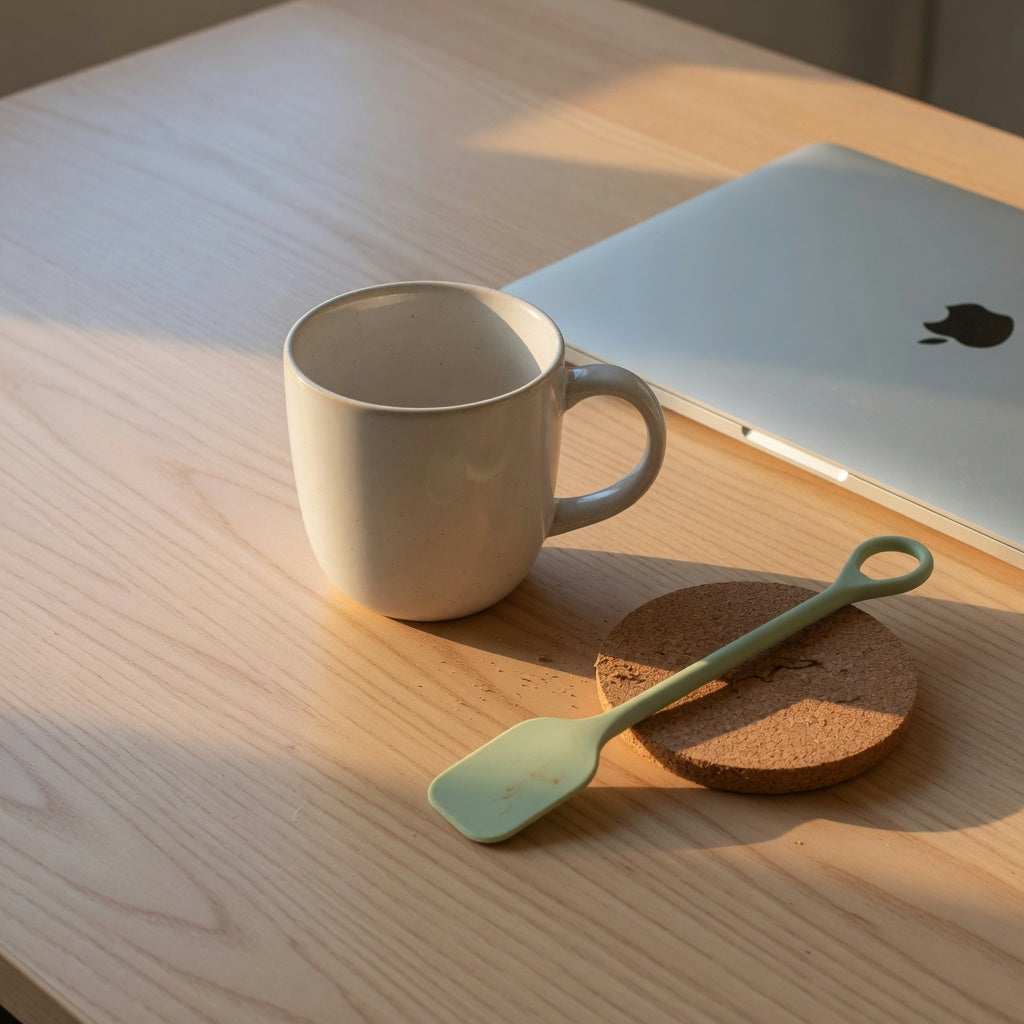 Quiet office coffee mug on a pale wood desk with a silicone stirrer and a cork coaster