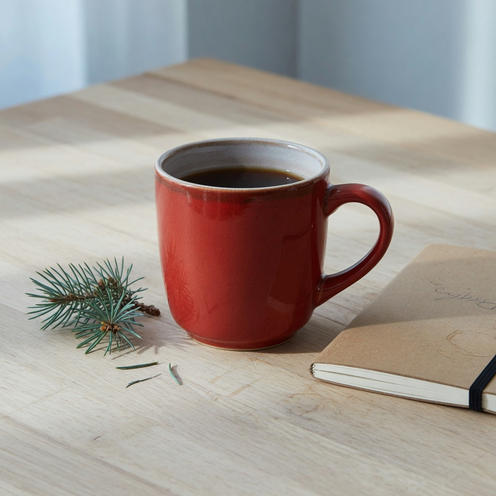 Red ceramic coffee mug beside pine greenery and an everyday notebook for a 460 ml holiday comparison