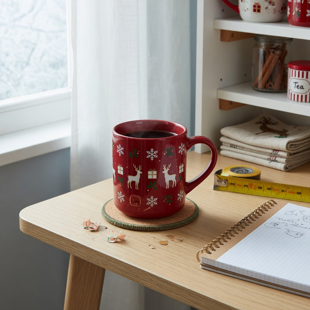 Desk scene illustrating red ceramic coffee mug buying priorities with the listed 460 ml mug, coaster, and shelf measurements